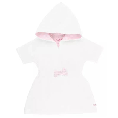 RuffleButts white and pink seersucker terry cover-up featuring a hood and a pink striped bow detail on the front.