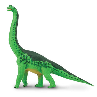 Brachiosaurus figurine in green with black spots, showcasing a long neck and tail, ideal for dinosaur enthusiasts.