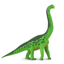 Green Brachiosaurus figurine with a long neck and spotted body, ideal for dinosaur enthusiasts and collectors.