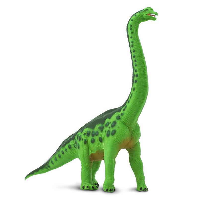 Brachiosaurus figurine with a long neck and green body, featuring black spots and a detailed design, suitable for play or display.