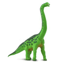 Brachiosaurus figurine with a long neck and green body, featuring black spots and a detailed design, suitable for play or display.