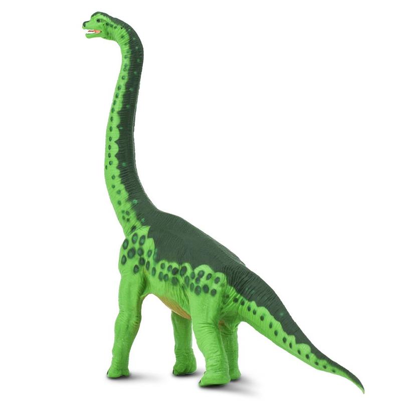 Brachiosaurus figurine in vibrant green with black spots, showcasing a long neck and tail, ideal for dinosaur collections.