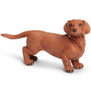 Dachshund figurine made of plastic, features a realistic brown coat and a playful stance.