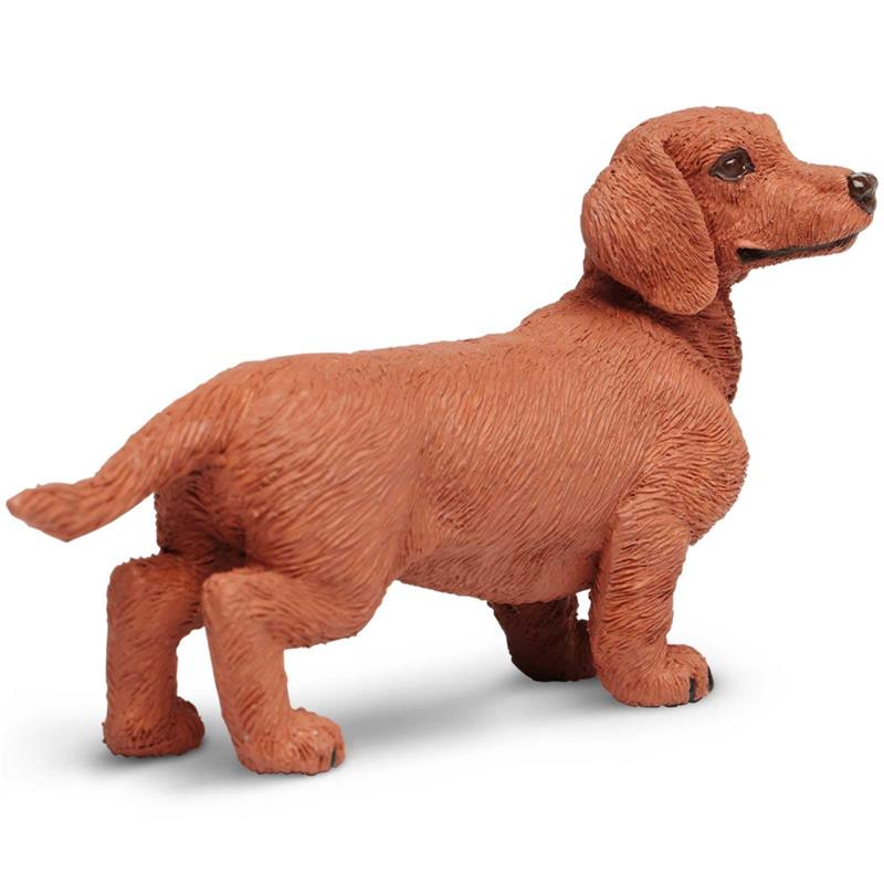 Dachshund figurine made of plastic, 3.75 inches tall, depicting a realistic brown dog with textured fur and a playful stance.