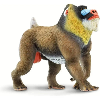 Mandrill figurine from Safari Ltd., featuring detailed fur texture, bright facial markings, and a poised stance.