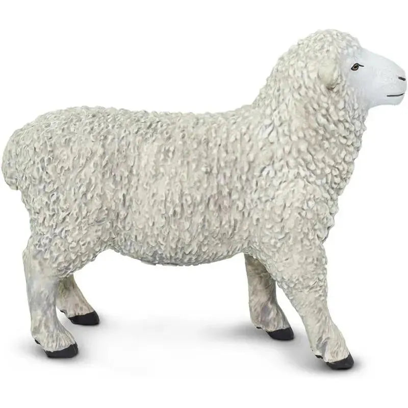 Lifelike 3.25-inch Safari Ltd. sheep figurine with a textured woolly coat and black hooves, ideal for educational play.