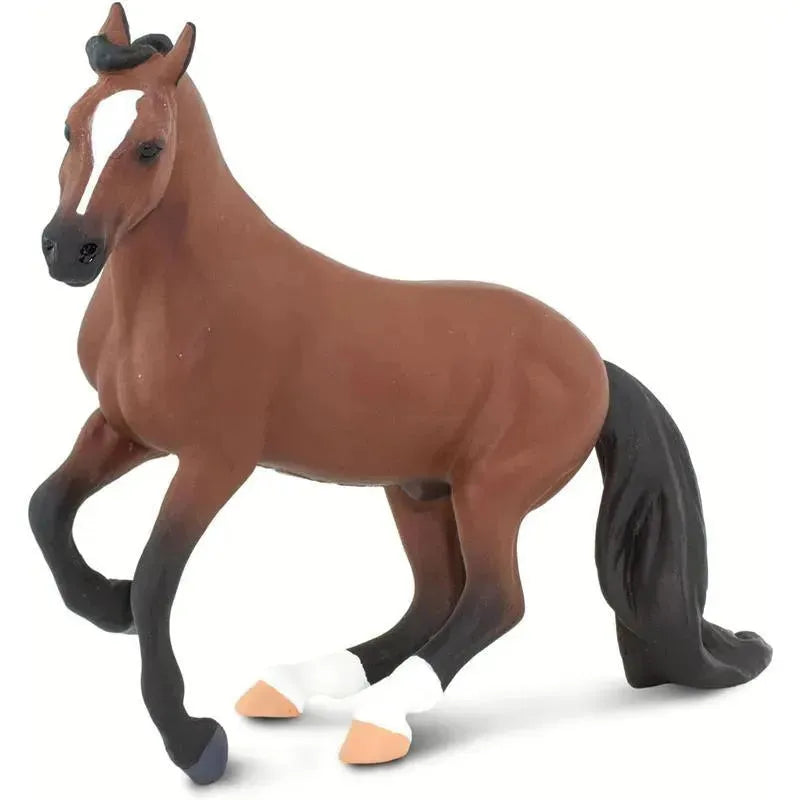 Thoroughbred horse figurine with a brown body, black mane, and white markings on hooves, representing realistic details.