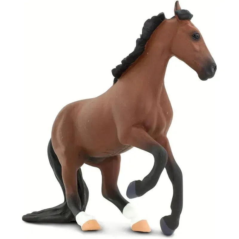 Detailed brown Thoroughbred horse figurine with a flowing mane, poised in a dynamic stance, featuring white hoof accents.