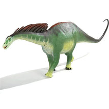 Green Amargasaurus dinosaur figure with a long neck and distinctive crest, part of the Safari Ltd Wild Safari Prehistoric World collection.