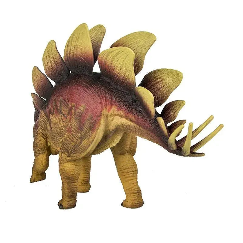 Brown and tan Stegosaurus figurine with prominent dorsal plates, showcasing a detailed textured surface.