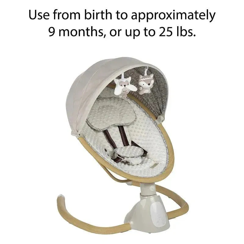 Bluetooth swing in Dunes Edge color with a canopy, plush seat, and hanging toy animals; suitable for infants up to 25 lbs.