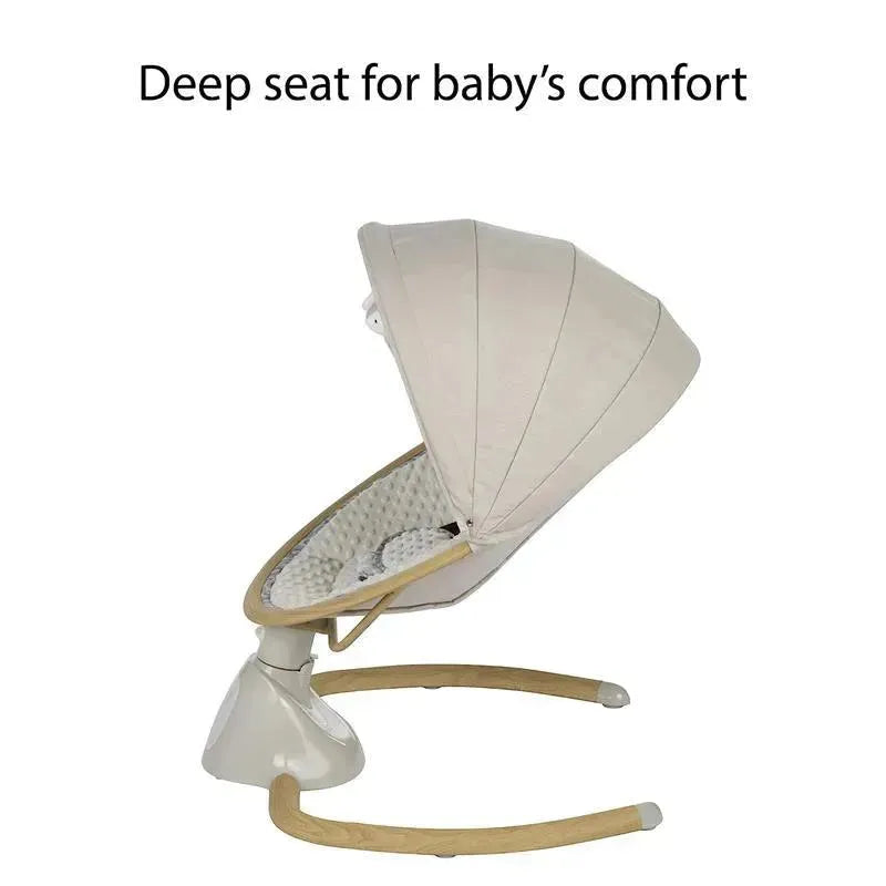 Bluetooth baby swing with a deep seat for comfort, featuring a soft fabric canopy and a sturdy wooden base.