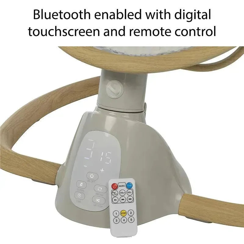 Bluetooth-enabled baby swing with digital touchscreen display and remote control, featuring a softwood frame.