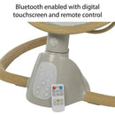 Bluetooth-enabled baby swing with digital touchscreen display and remote control, featuring a softwood frame.