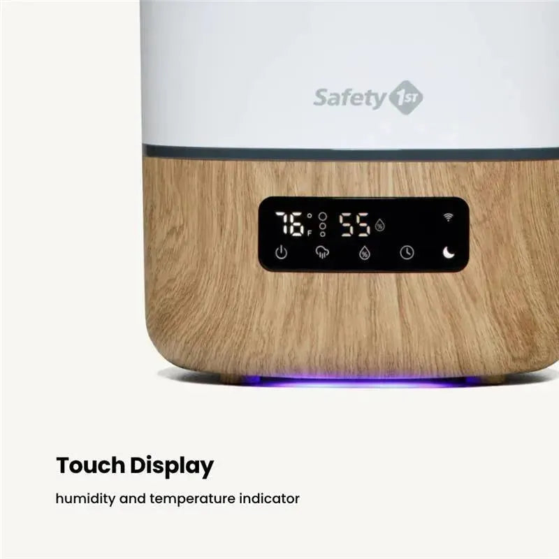 Smart humidifier with a natural wood base, featuring a touch display showing temperature and humidity indicators.