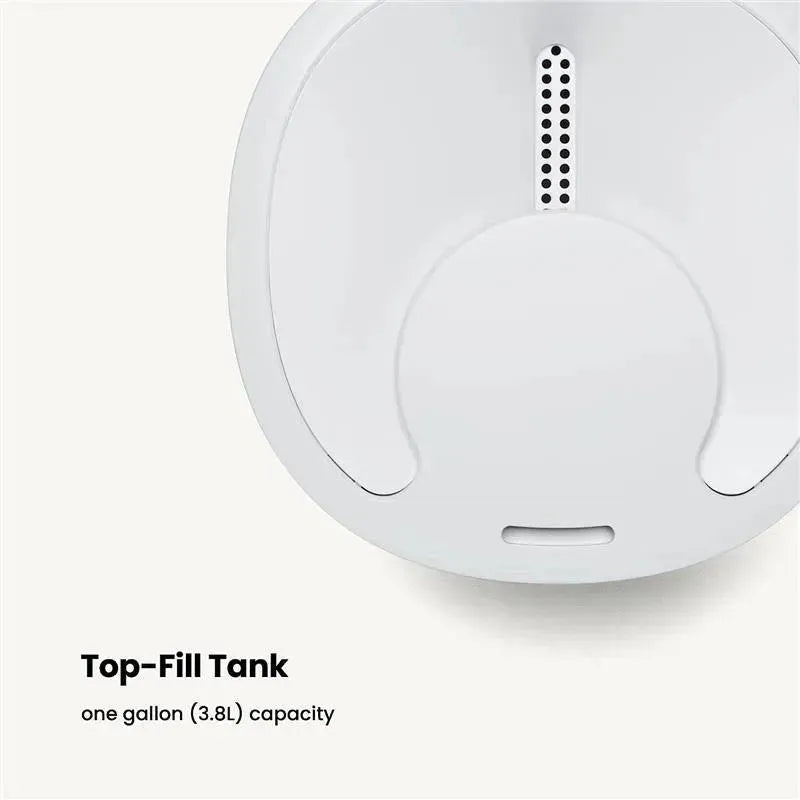 Smart Humidifier top-fill tank showcased, with one gallon (3.8L) capacity, in a natural white design.