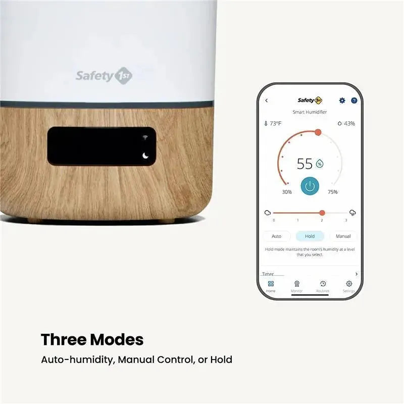 Smart humidifier with a natural wood base, displaying digital controls and a connected smartphone app showing humidity settings.
