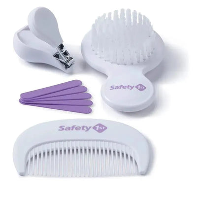 Deluxe Healthcare & Grooming Kit by Safety 1st, featuring a comb, baby nail clipper, grooming brush, and purple nail files.
