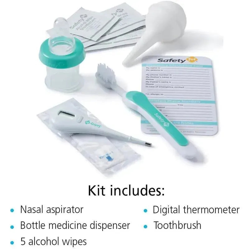 Deluxe Healthcare & Grooming Kit by Safety 1st includes a nasal aspirator, digital thermometer, toothbrush, and alcohol wipes.