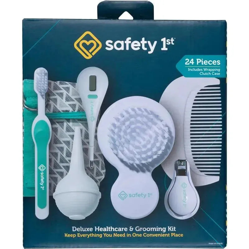 Deluxe Healthcare & Grooming Kit by Safety 1st, featuring 24 pieces including a thermometer, comb, brush, nail clippers, and more.