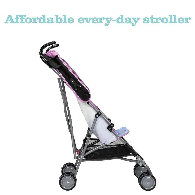 Disney Baby Character Umbrella Stroller by Safety 1st, featuring a purple and black design with a mesh panel and wheels.