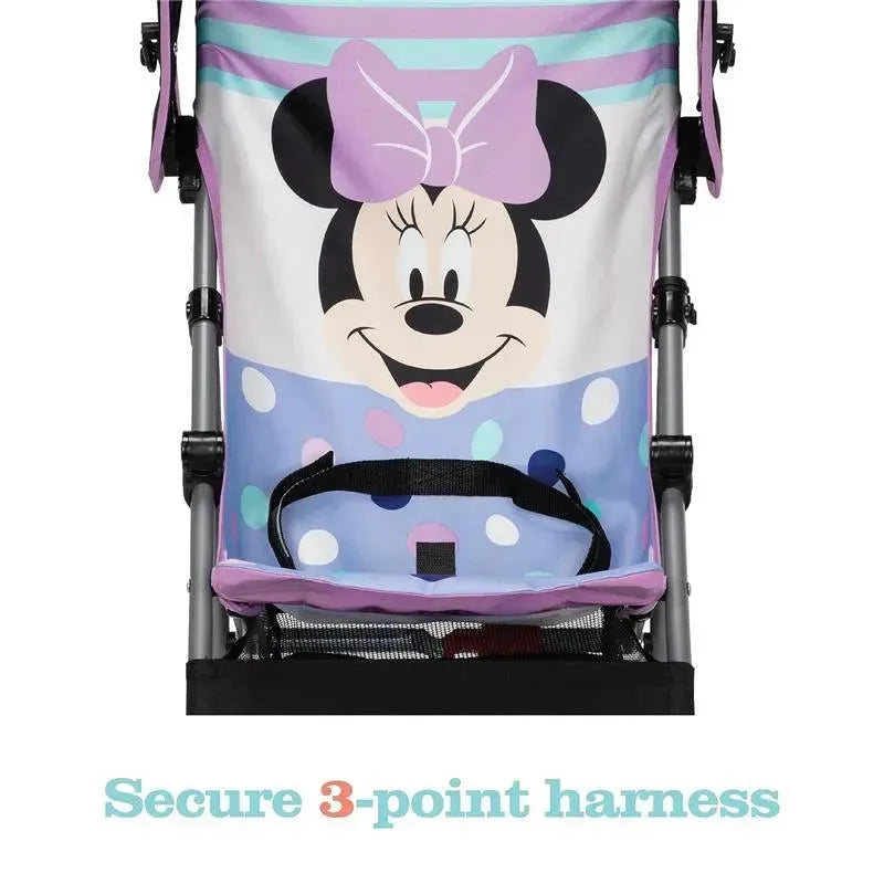Umbrella stroller with a Disney Minnie Mouse design, featuring a secure 3-point harness and colorful polka dots.