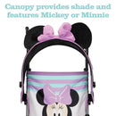 Canopy features Mickey or Minnie design, providing shade for children in the Safety 1st Disney Baby umbrella stroller.