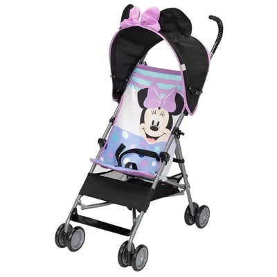 Minnie Mouse-themed umbrella stroller featuring a black canopy with mouse ears and pink bow, designed for infants.
