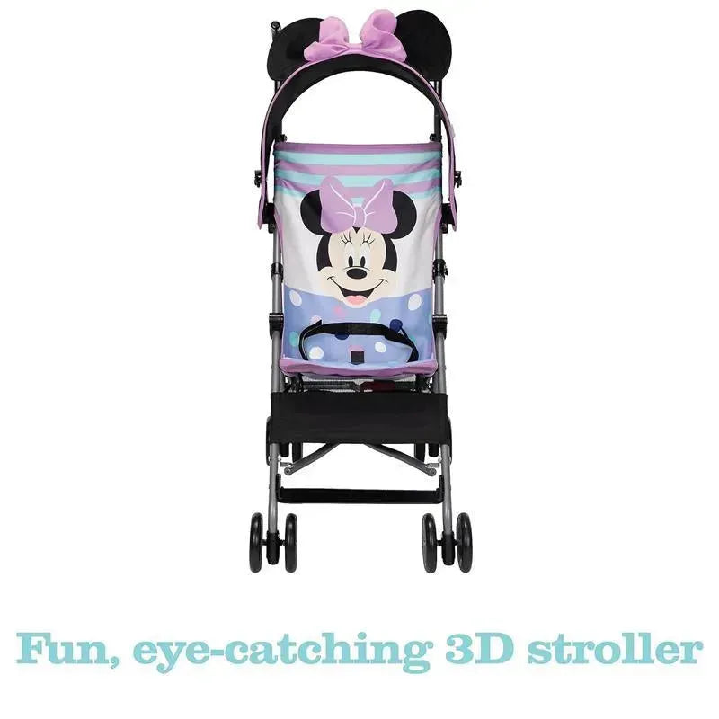 Disney Baby Character Umbrella Stroller featuring a 3D Minnie Mouse design with a pink bow and colorful polka dots.