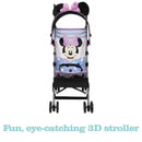 Disney Baby Character Umbrella Stroller featuring a 3D Minnie Mouse design with a pink bow and colorful polka dots.