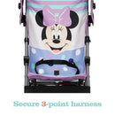 Minnie Mouse-themed umbrella stroller featuring a secure 3-point harness and colorful polka dot design.