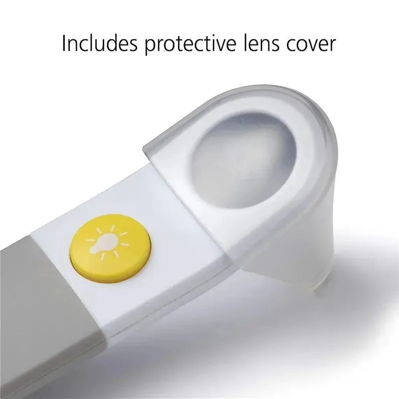 Ear otoscope in grey with a protective lens cover and a yellow light button, designed for ear examinations.