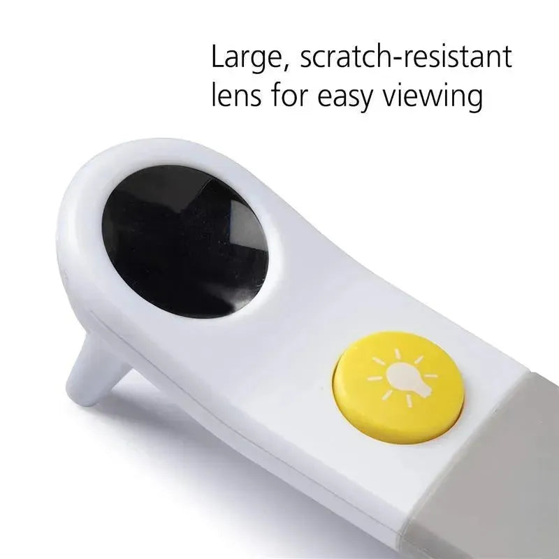 Ear otoscope with a large, scratch-resistant lens and a yellow light button for enhanced viewing.