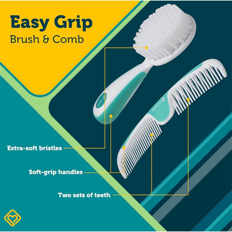 Easy Grip Brush and Comb set featuring a brush with extra-soft bristles and a comb with two sets of teeth and soft-grip handles.