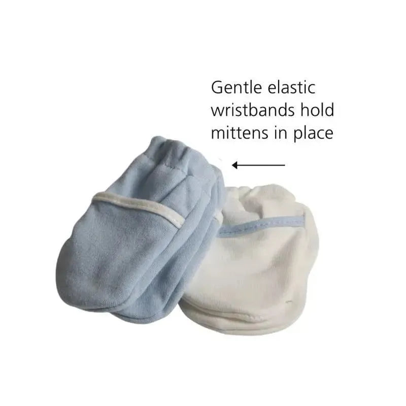 Blue and white no-scratch mittens with elastic wristbands, designed to keep babies from scratching themselves.