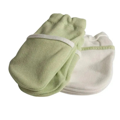 Green and white no-scratch mittens from Safety 1st, designed to prevent infants from scratching themselves.