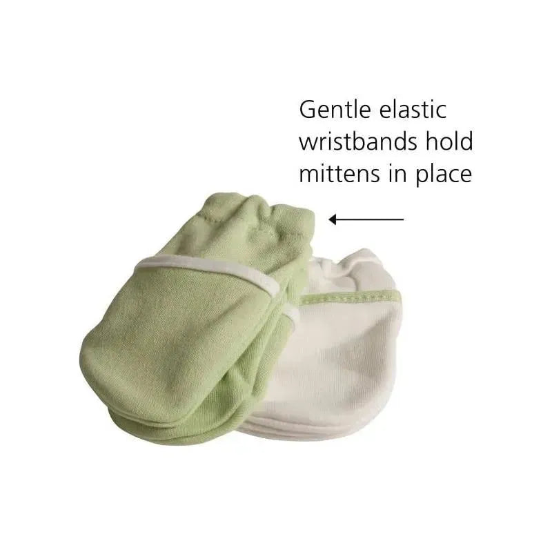 Green and white Safety 1st no-scratch mittens with elastic wristbands to keep them in place.