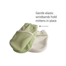 Green and white Safety 1st no-scratch mittens with elastic wristbands to keep them in place.