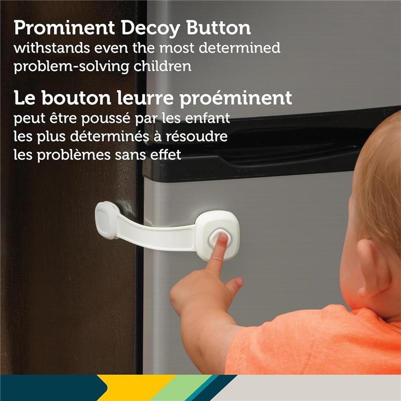 White Safety 1st OutSmart Multi-Use Lock with a prominent decoy button, preventing toddlers from opening the fridge.