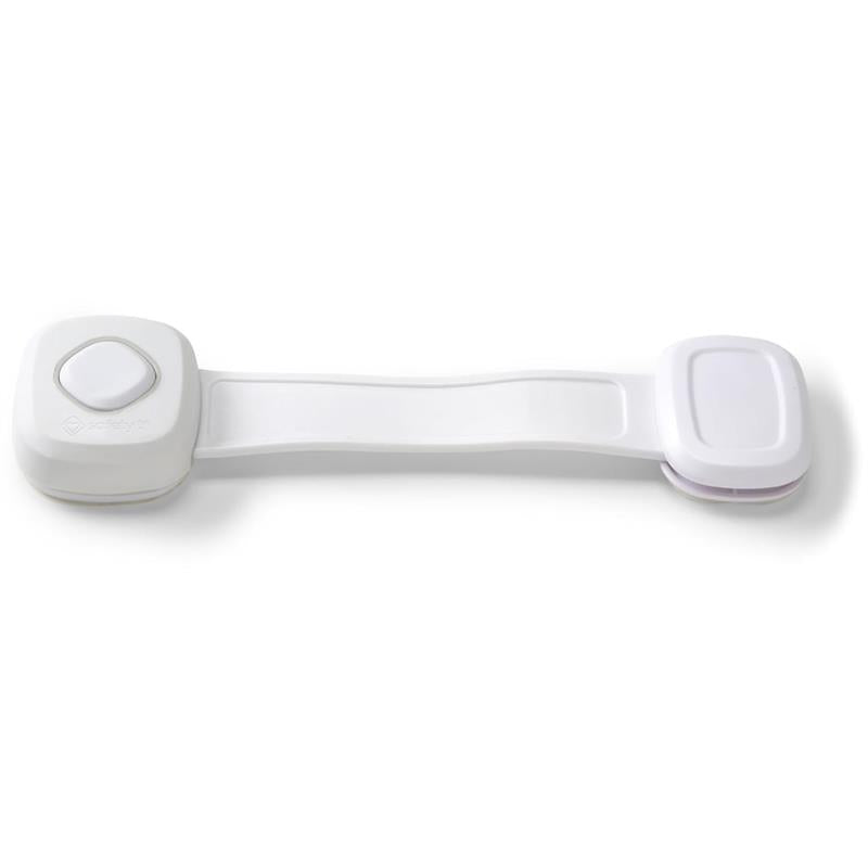 Safety 1st OutSmart Multi-Use Lock in white, featuring a rectangular button and flexible locking strap for child safety.