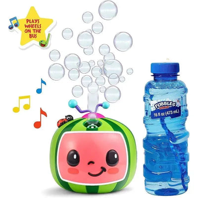 CoComelon NO Spill Musical Bubble Machine with a smiling face, bubbles emerging, and a bottle of bubble solution.