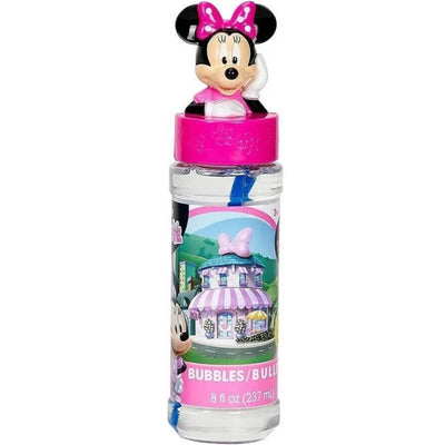 Disney Minnie Mouse bubble solution bottle featuring a Minnie Mouse cap and an 8 oz liquid capacity.