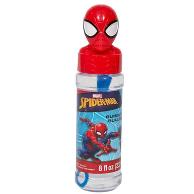 Sandy Ruben 8 oz Spider-Man bubble toy with a red Spider-Man head and colorful label featuring Spider-Man graphics.