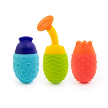 Three colorful bath toys designed for children, featuring a blue with bubbles, a green wavy, and a red spiky design.