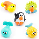 Colorful squirt toys featuring a penguin, fish, whale, and other sea creatures, designed for playful bathtime fun.