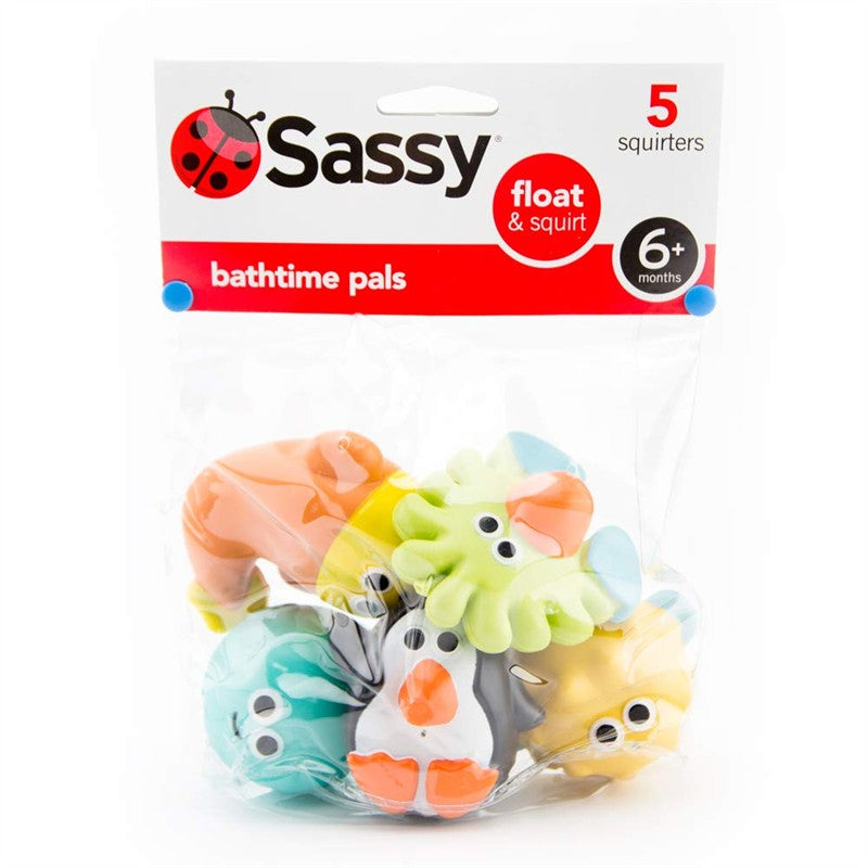 Sassy Bathtime Pals 5-piece set of colorful squirt toys, including an octopus and penguin, for bath fun.
