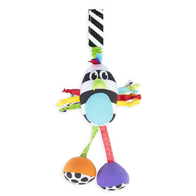 Colorful and whimsical toy bird with striped body, textured limbs, and contrasting colorful feet, designed for infants.