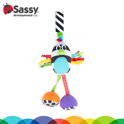 Colorful plush bird toy with a striped design, dangling arms, and patterned feet for developmental play.