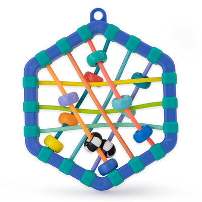 Colorful sensory toy featuring a hexagonal frame with various beads and flexible strings for tactile engagement.