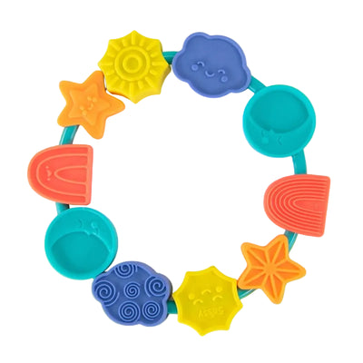 Sassy Celestial Chew Ring Teether features colorful shapes like a sun, star, clouds, and rainbow, designed for teething infants.